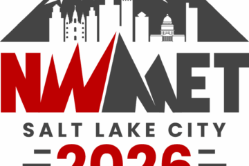 Logo for the NW/MET 2026 Conference showing an abstract cityscape before an outline of mountains