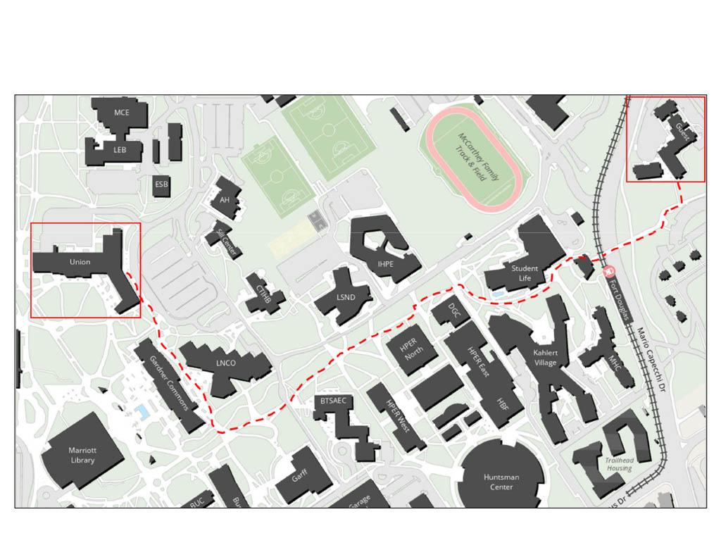 Map of the University of Utah campus showing the walking path between University Guest House and the Olpin Union